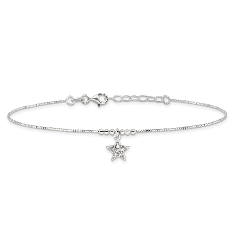 Sterling Silver Cz Star And Beads 9In Plus 1In Ext. Anklet