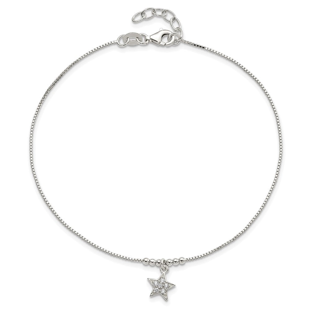 Sterling Silver Cz Star And Beads 9In Plus 1In Ext. Anklet