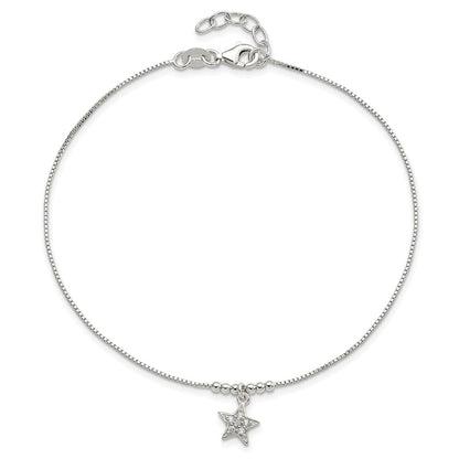 Sterling Silver Cz Star And Beads 9In Plus 1In Ext. Anklet