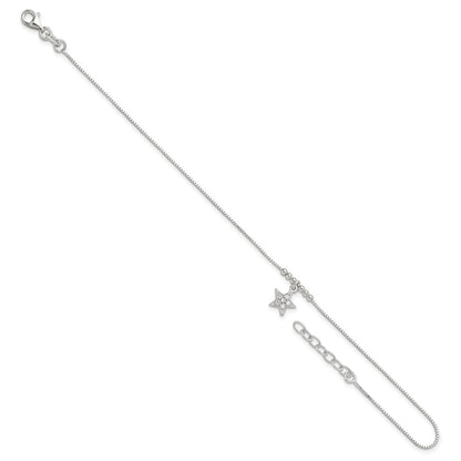 Sterling Silver Cz Star And Beads 9In Plus 1In Ext. Anklet
