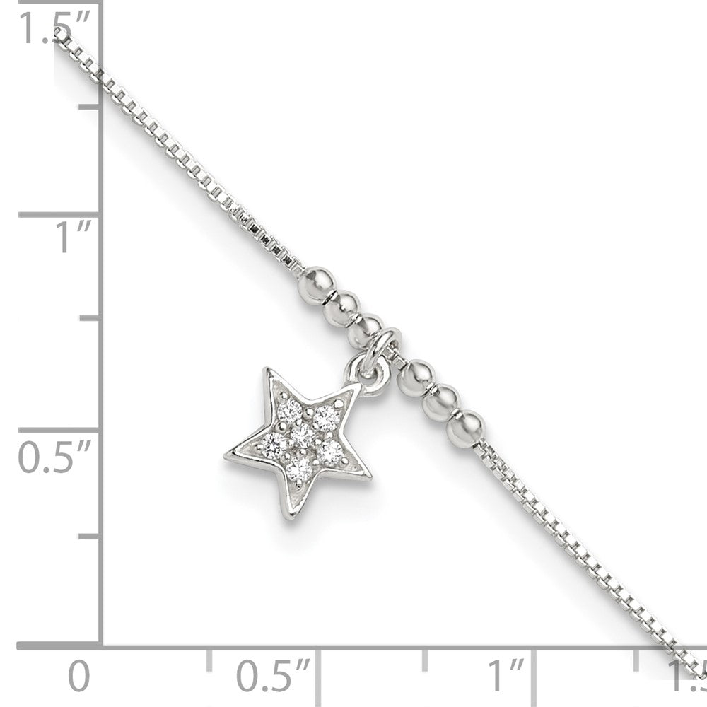 Sterling Silver Cz Star And Beads 9In Plus 1In Ext. Anklet