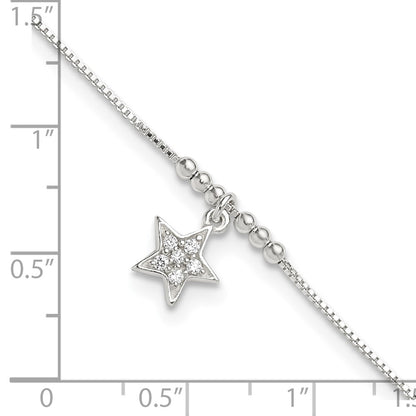 Sterling Silver Cz Star And Beads 9In Plus 1In Ext. Anklet