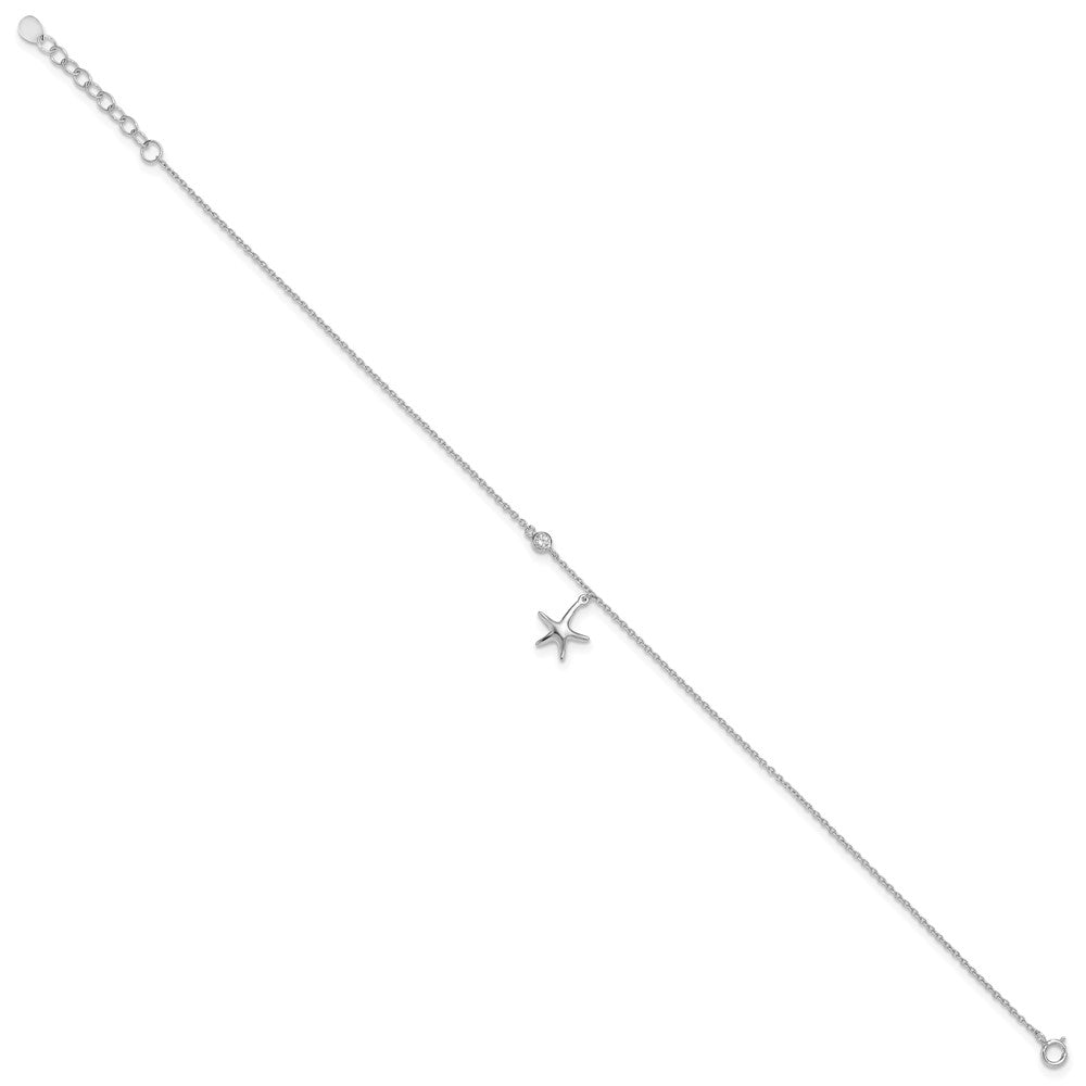 Sterling Silver Rhod-Plated Polished Cz Starfish 9In Plus 1 In Ext Anklet