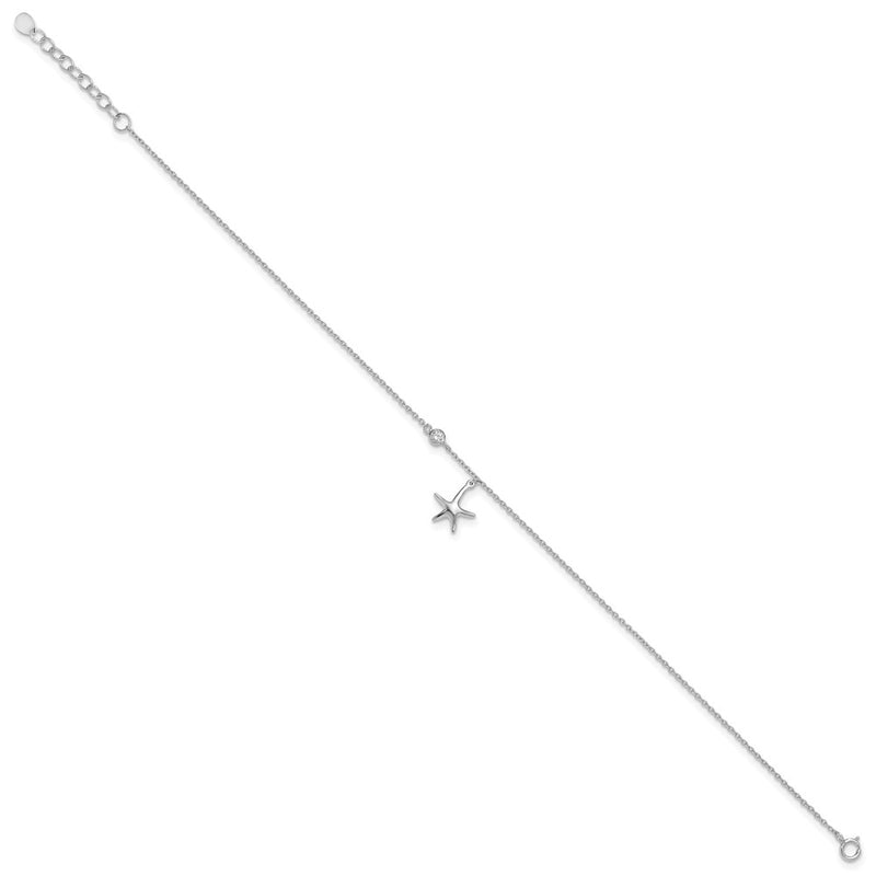 Sterling Silver Rhod-Plated Polished Cz Starfish 9In Plus 1 In Ext Anklet