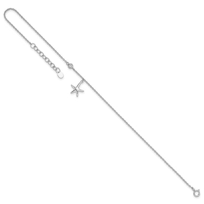 Sterling Silver Rhod-Plated Polished Cz Starfish 9In Plus 1 In Ext Anklet