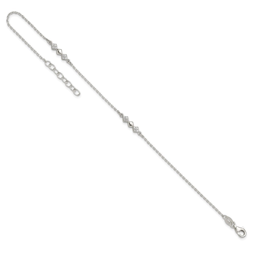 Sterling Silver Cz 3-Diamond Shapes 9In Plus 1 In Ext. Anklet