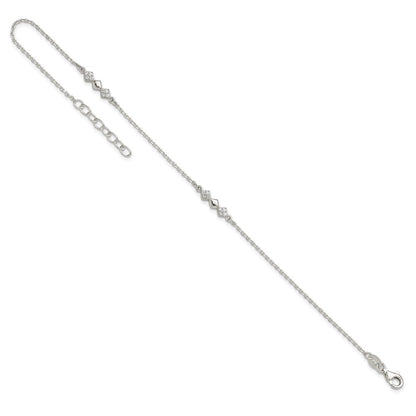 Sterling Silver Cz 3-Diamond Shapes 9In Plus 1 In Ext. Anklet