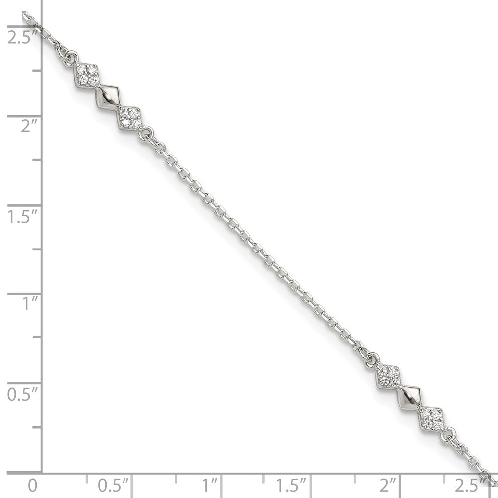 Sterling Silver Cz 3-Diamond Shapes 9In Plus 1 In Ext. Anklet