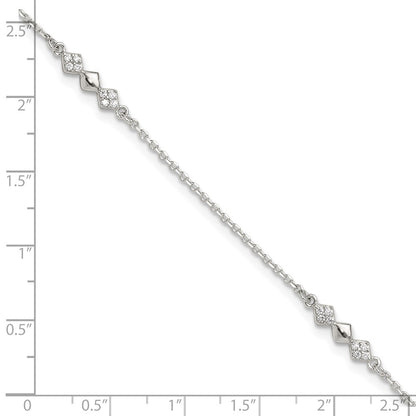 Sterling Silver Cz 3-Diamond Shapes 9In Plus 1 In Ext. Anklet