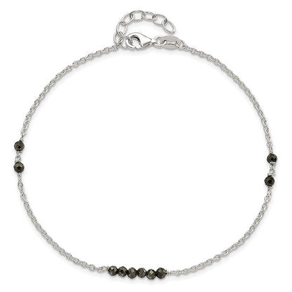 Sterling Silver Black Cz Beads 9In Plus 1 In Ext. Anklet