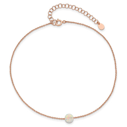 Sterling Silver Rose-Tone White Created Opal 9In Plus 2 In Ext. Anklet