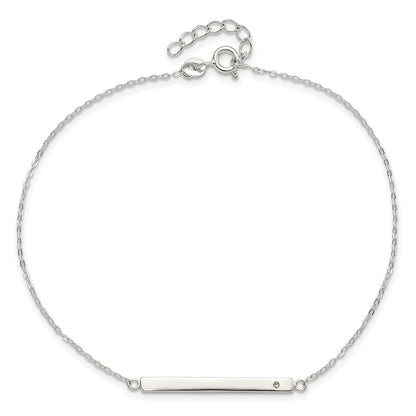 Sterling Silver Polished Crystal Bar 9In Plus 1In Ext Anklet