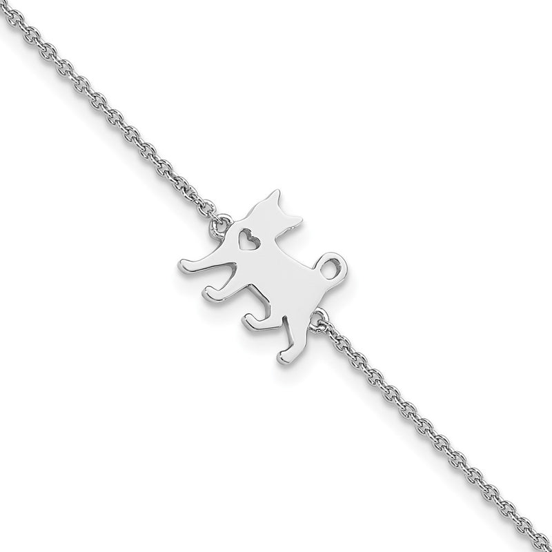 7 Inch Sterling Silver Rhodium-Plated Cat W/Heart 7In Plus 1In Ext Bracelet