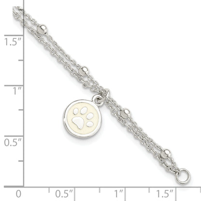7.5 Inch Sterling Silver 2-Strand Heart And Enameled Paw Print Bracelet