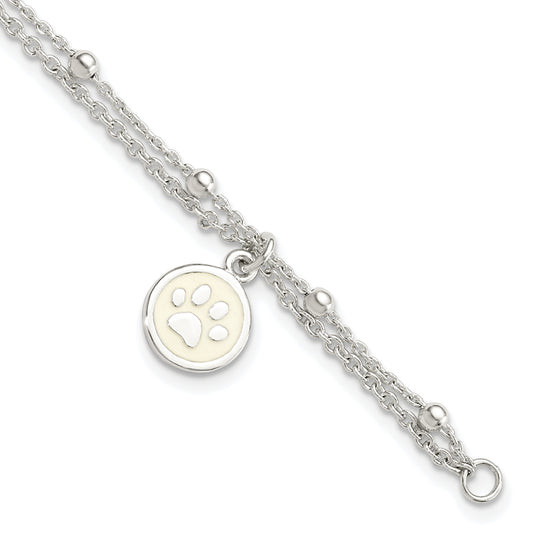 7.5 Inch Sterling Silver 2-Strand Heart And Enameled Paw Print Bracelet
