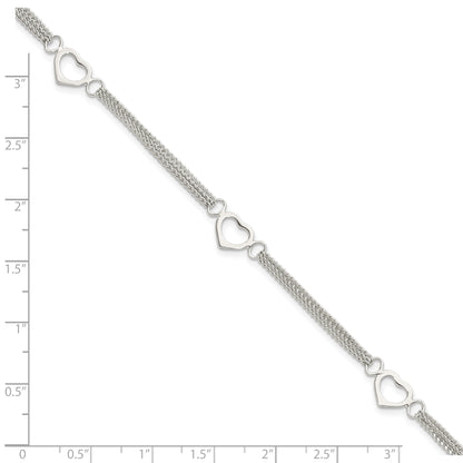 7 Inch Sterling Silver Polished Multi-Strand Heart 7In Bracelet