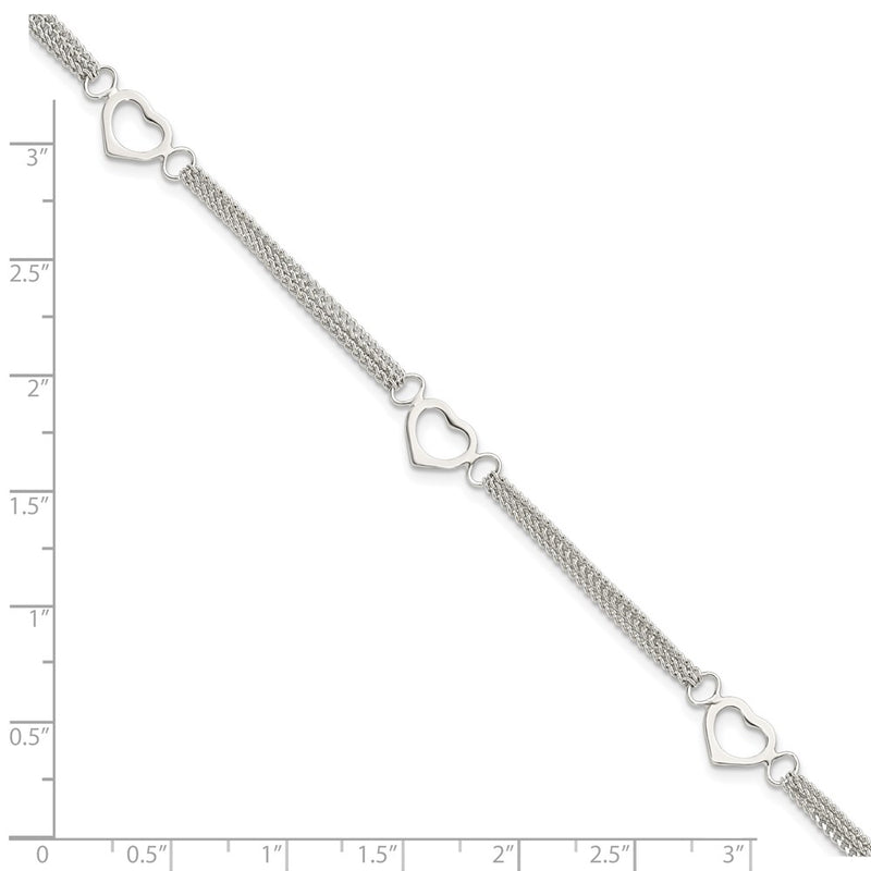 7 Inch Sterling Silver Polished Multi-Strand Heart 7In Bracelet