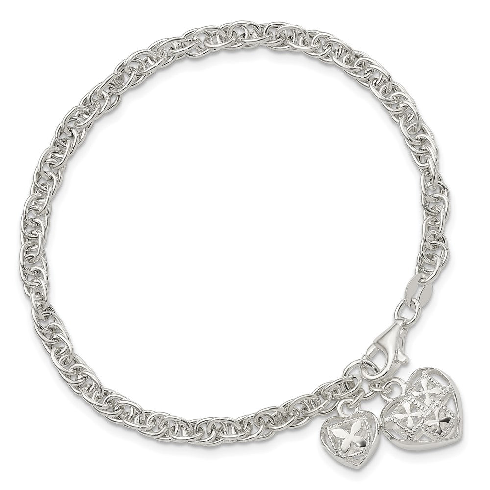 7.5 Inch Sterling Silver Polished Dbl Heart Dangle Bracelet