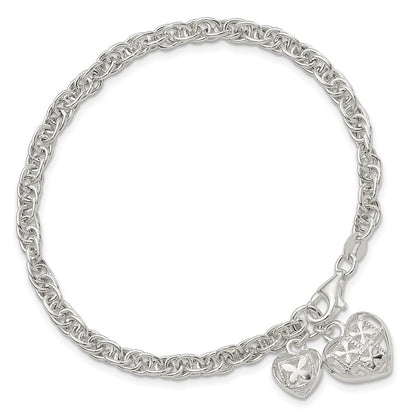 7.5 Inch Sterling Silver Polished Dbl Heart Dangle Bracelet