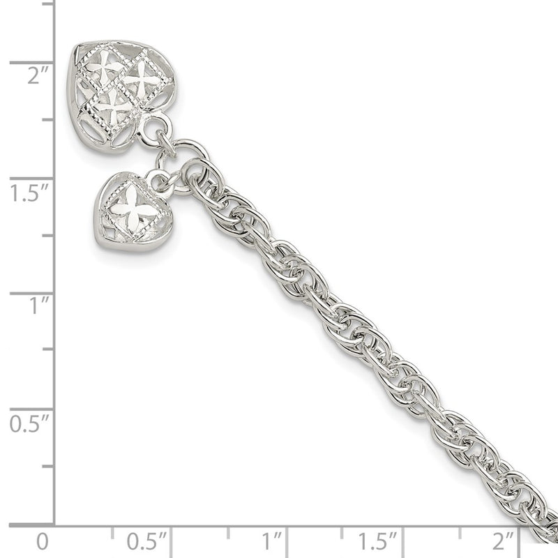7.5 Inch Sterling Silver Polished Dbl Heart Dangle Bracelet