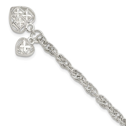 7.5 Inch Sterling Silver Polished Dbl Heart Dangle Bracelet