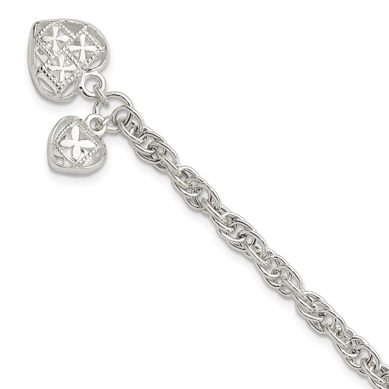 7.5 Inch Sterling Silver Polished Dbl Heart Dangle Bracelet