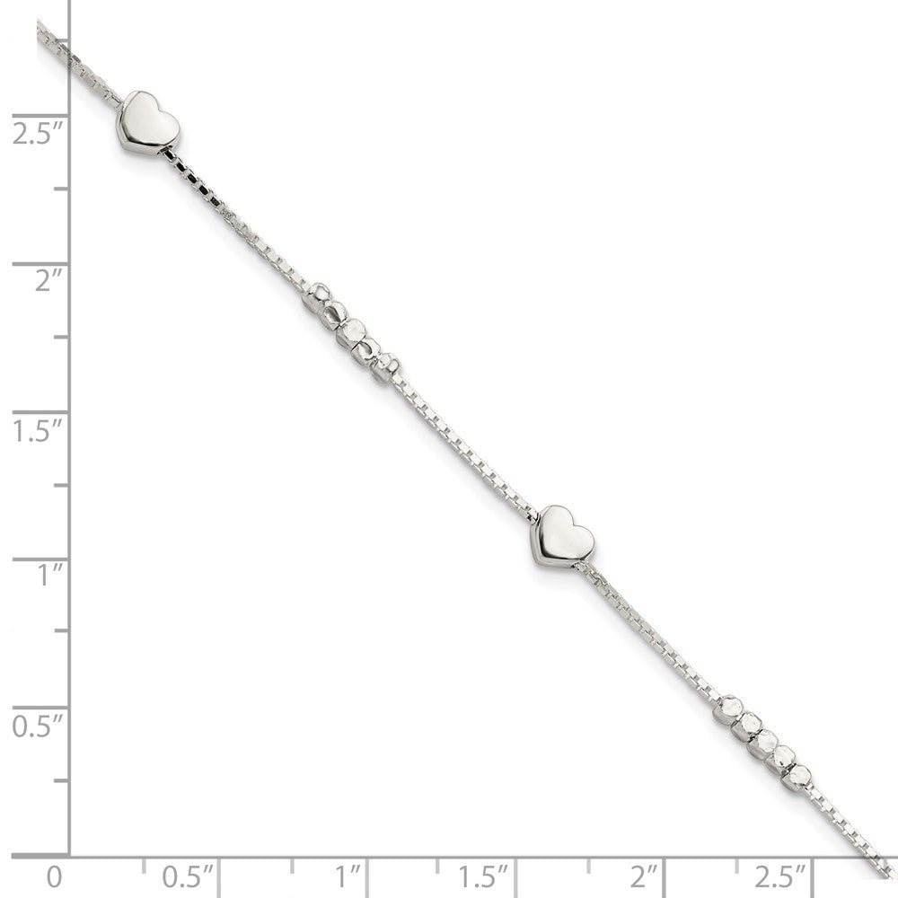 8 Inch Sterling Silver Fancy Bead & Heart W/ 1In Ext Bracelet