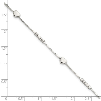 8 Inch Sterling Silver Fancy Bead & Heart W/ 1In Ext Bracelet