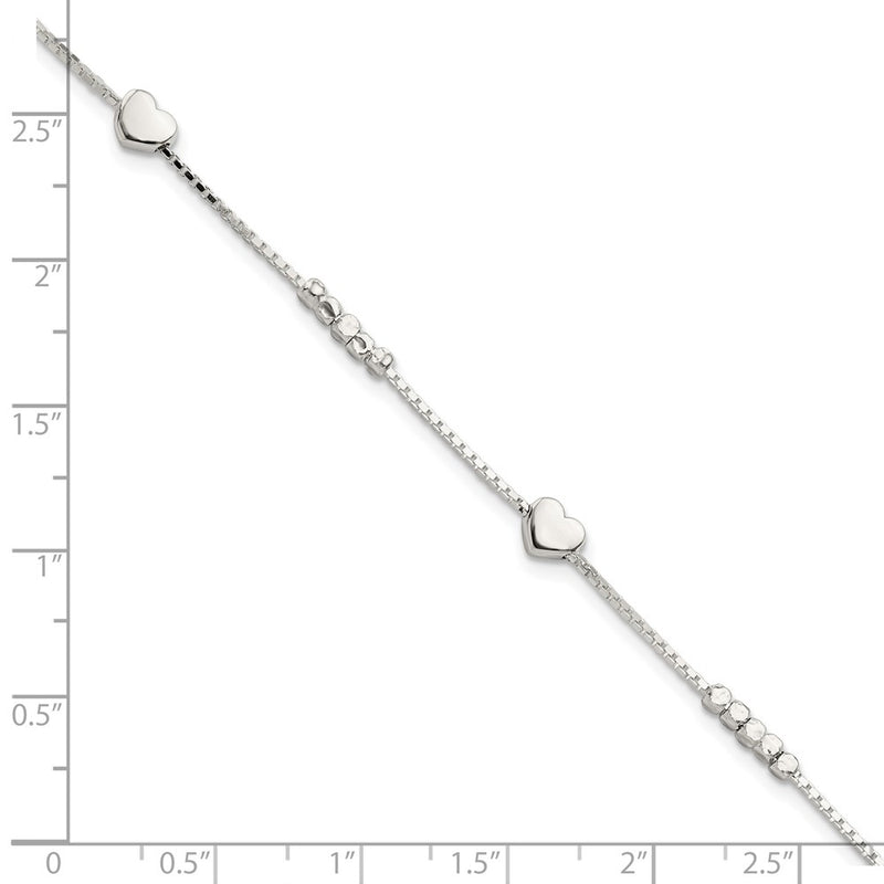 8 Inch Sterling Silver Fancy Bead & Heart W/ 1In Ext Bracelet
