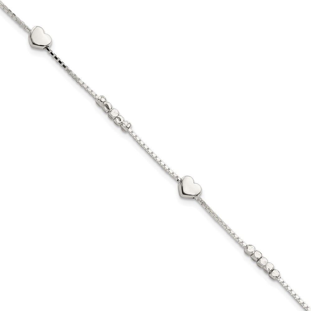 8 Inch Sterling Silver Fancy Bead & Heart W/ 1In Ext Bracelet