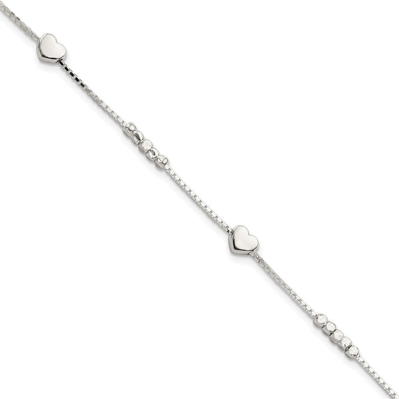 8 Inch Sterling Silver Fancy Bead & Heart W/ 1In Ext Bracelet