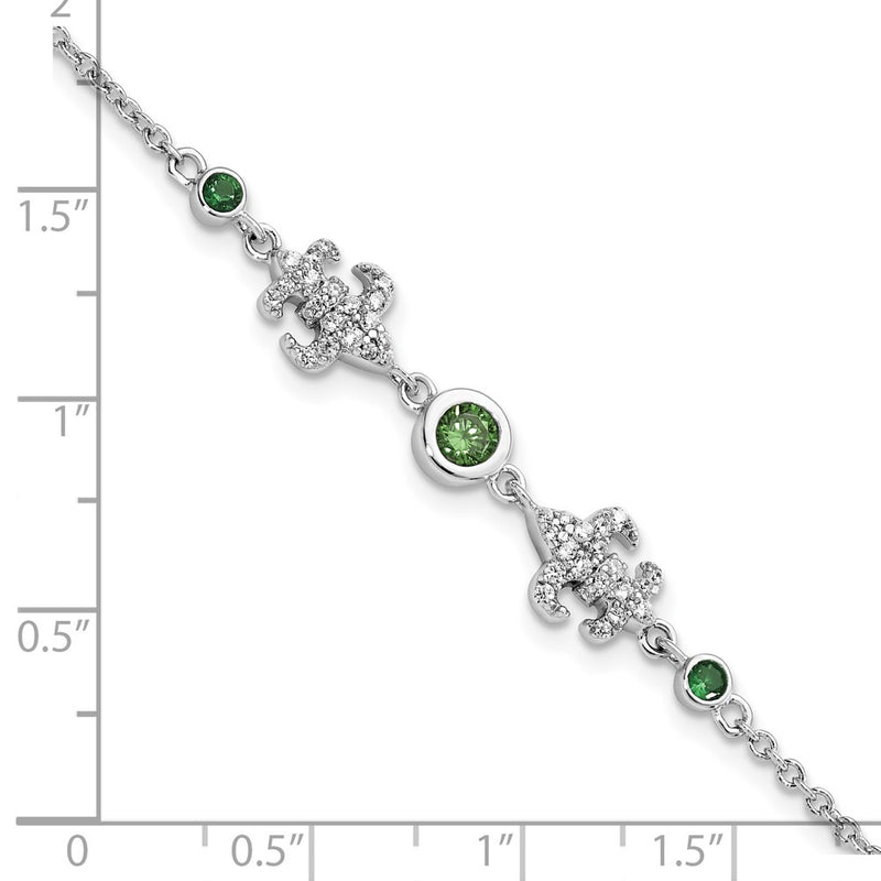 8 Inch Sterling Silver Rh-Plated Green & White Cz Fleur De Lis W/1In Ext. Bracelet