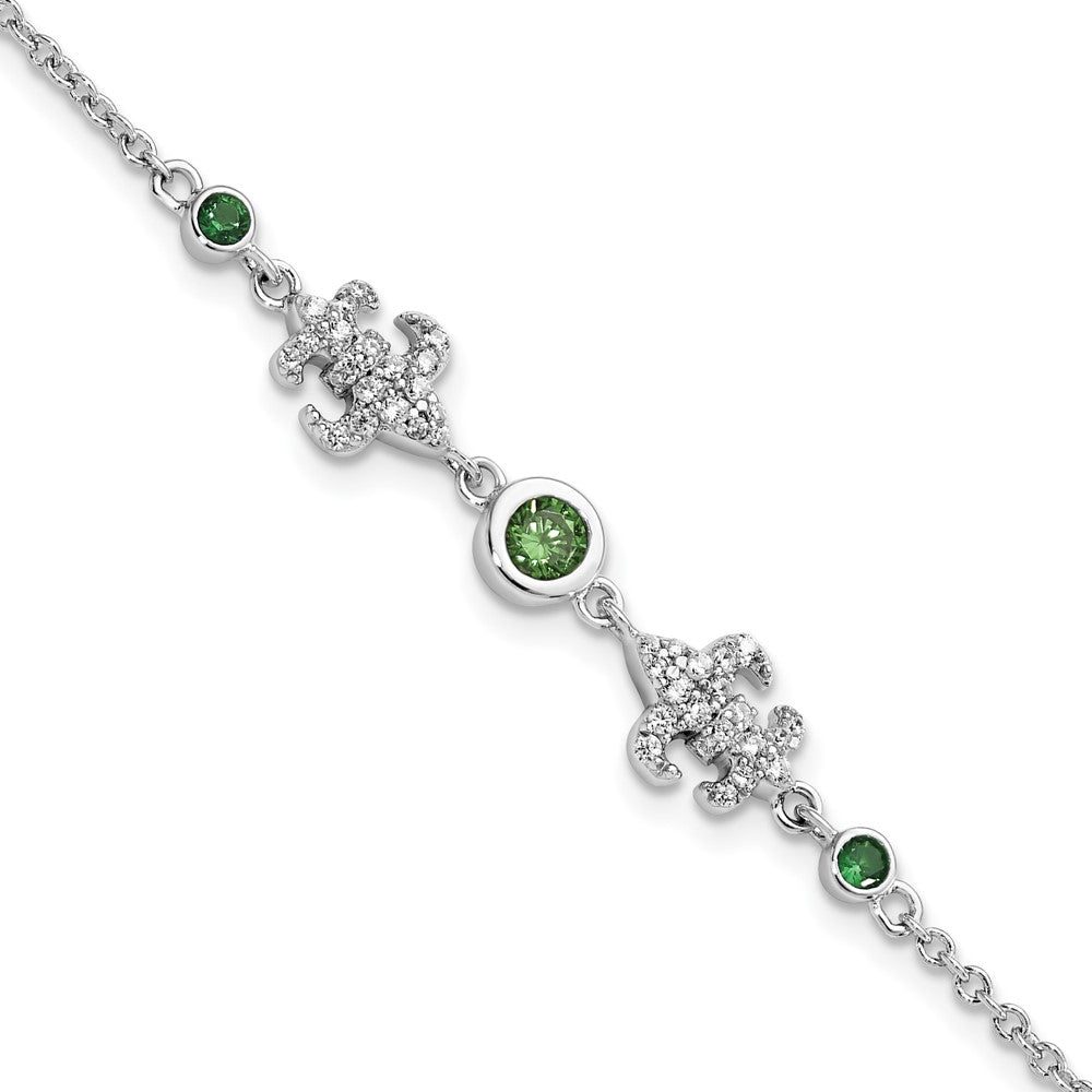8 Inch Sterling Silver Rh-Plated Green & White Cz Fleur De Lis W/1In Ext. Bracelet
