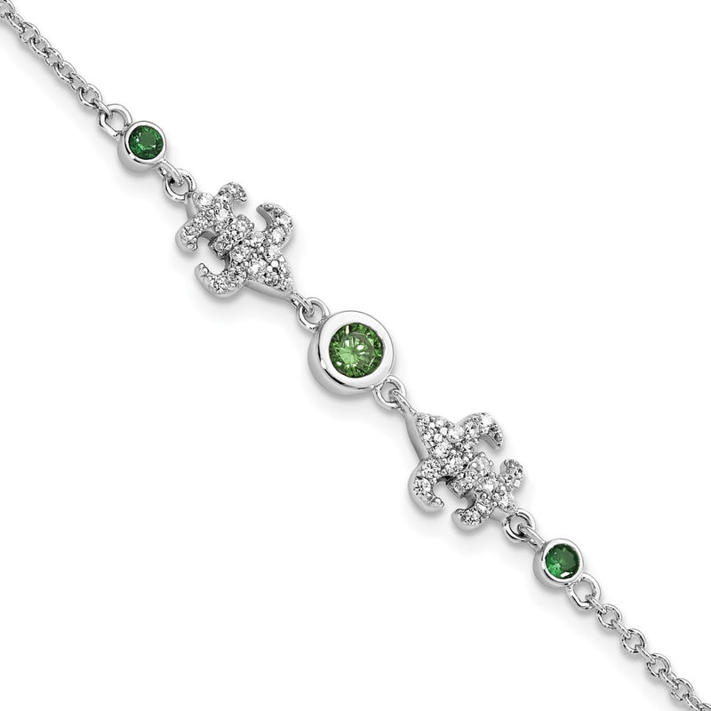 8 Inch Sterling Silver Rh-Plated Green & White Cz Fleur De Lis W/1In Ext. Bracelet
