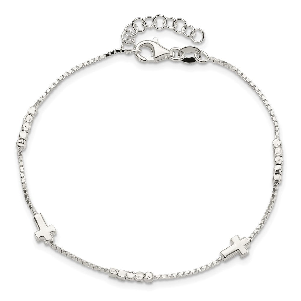 8 Inch Sterling Silver Fancy Bead & Cross W/ 1In Ext Bracelet