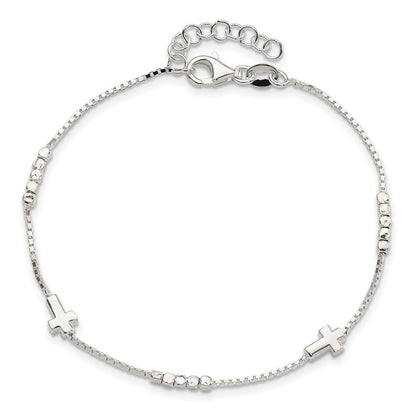 8 Inch Sterling Silver Fancy Bead & Cross W/ 1In Ext Bracelet