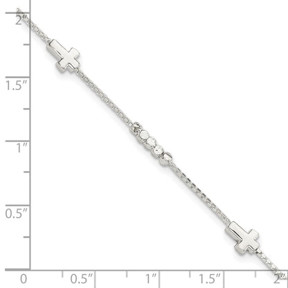 8 Inch Sterling Silver Fancy Bead & Cross W/ 1In Ext Bracelet