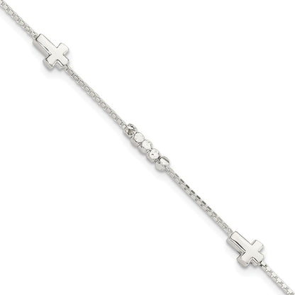 8 Inch Sterling Silver Fancy Bead & Cross W/ 1In Ext Bracelet