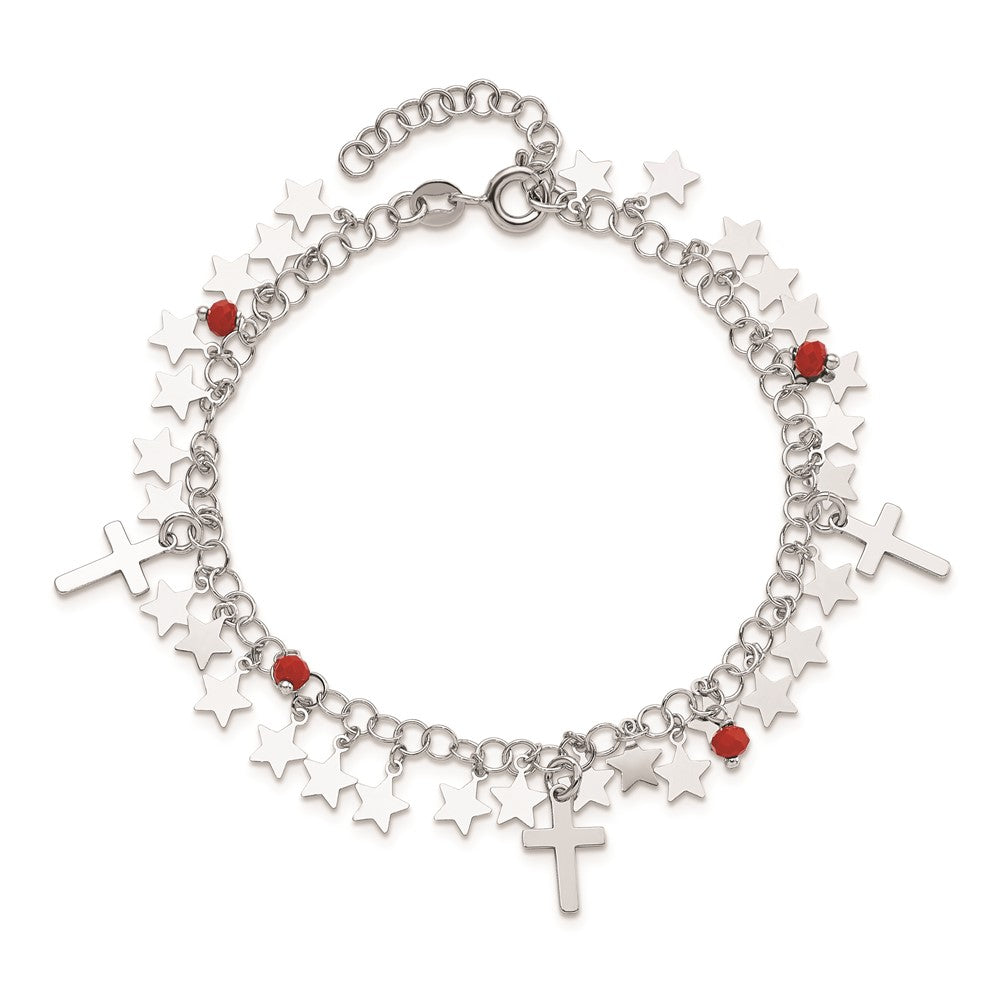 Sterling Silver Rhodium-Plated Red Crystal Cross And Star W/ 1.25In Ext. Br