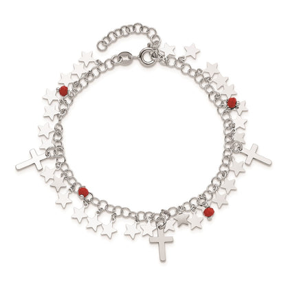 Sterling Silver Rhodium-Plated Red Crystal Cross And Star W/ 1.25In Ext. Br