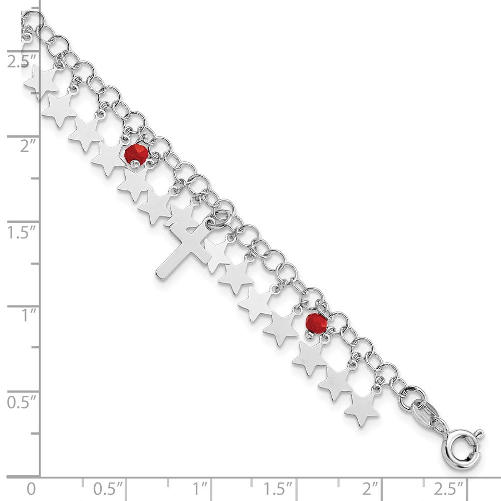 Sterling Silver Rhodium-Plated Red Crystal Cross And Star W/ 1.25In Ext. Br