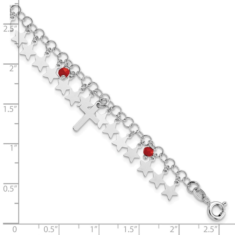 Sterling Silver Rhodium-Plated Red Crystal Cross And Star W/ 1.25In Ext. Br
