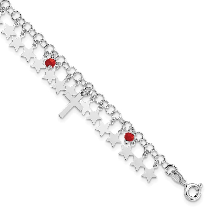 Sterling Silver Rhodium-Plated Red Crystal Cross And Star W/ 1.25In Ext. Br