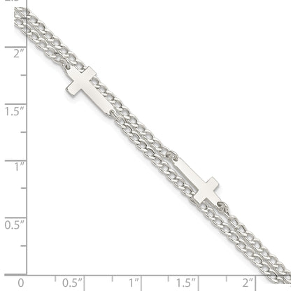 8 Inch Sterling Silver Double Cross 2-Strand W/1In Ext Bracelet