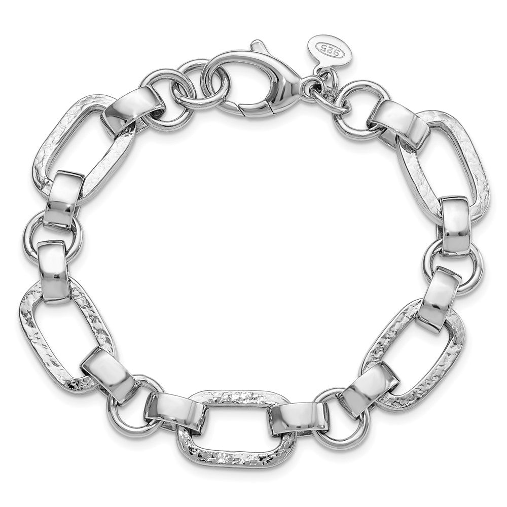 7.5 Inch Sterling Silver Rhodium-Plated Polished/Hammered Oval Link Bracelet