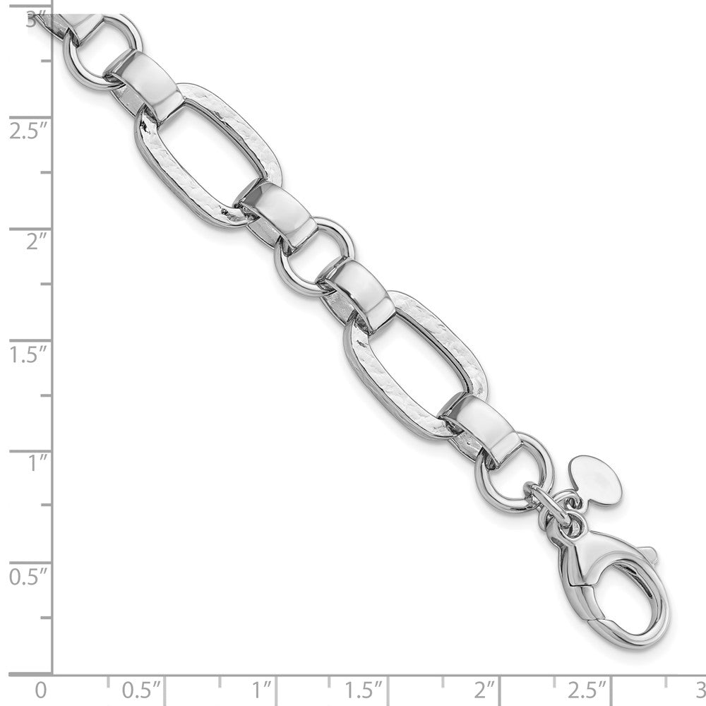 7.5 Inch Sterling Silver Rhodium-Plated Polished/Hammered Oval Link Bracelet