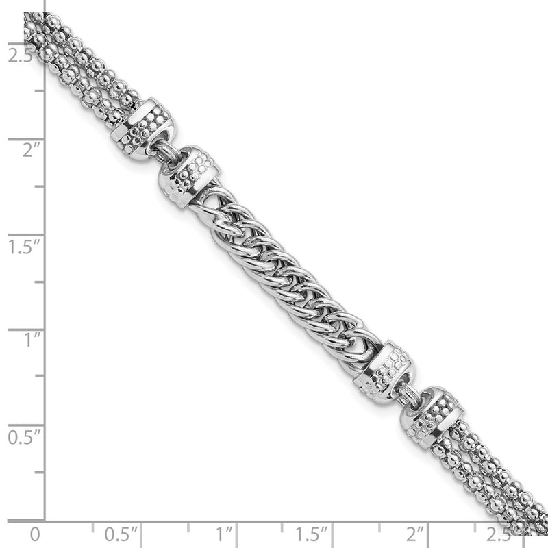 7.5 Inch Sterling Silver Rhodium-Plated Polished Fancy Beaded/Curb Bracelet