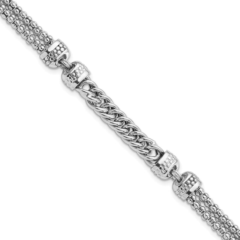 7.5 Inch Sterling Silver Rhodium-Plated Polished Fancy Beaded/Curb Bracelet