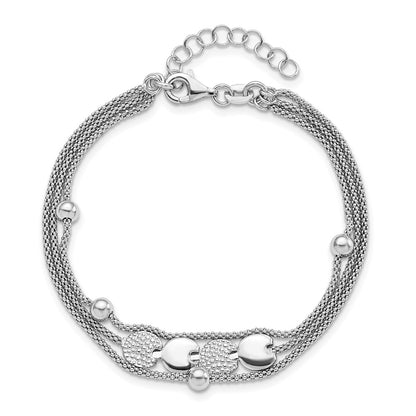 Sterling Silver Rhodium-Plated Beaded 3- Strand 6.5In W/ 1In Ext. Bracel