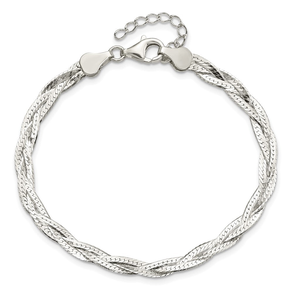 8 Inch Sterling Silver Polished 3-Strd Braided 7In W/1In Ext. Bracelet
